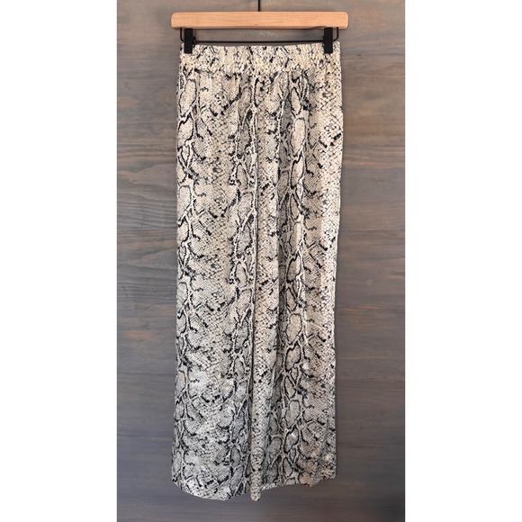 Reformation Pants - Reformation 100% Silk Snakeskin Print Wide Leg Smocked Waist Pants Cream Black 2